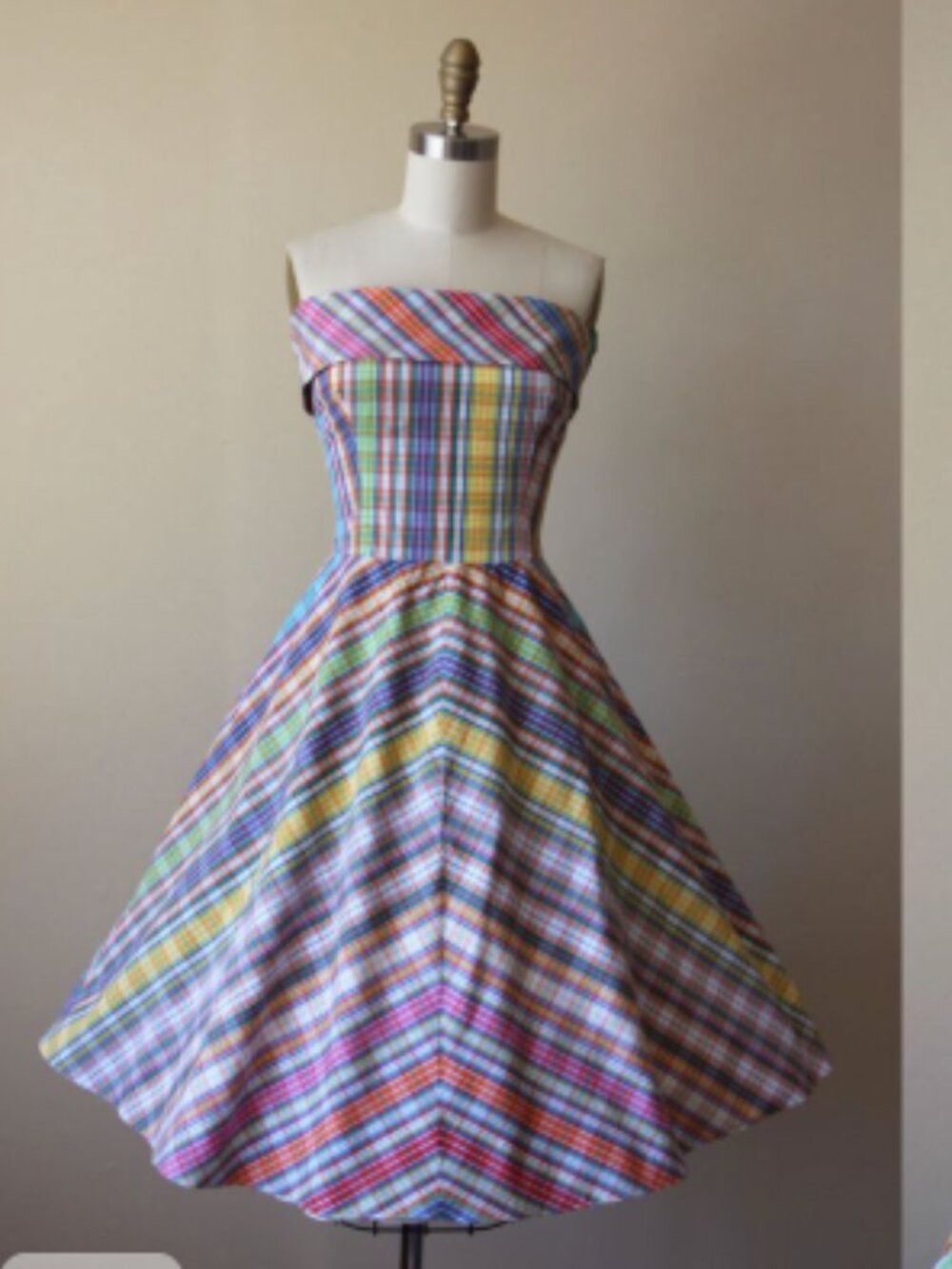 Vintage EUC Ralph Lauren Multicolor Madras Plaid Strapless Dress Short 14